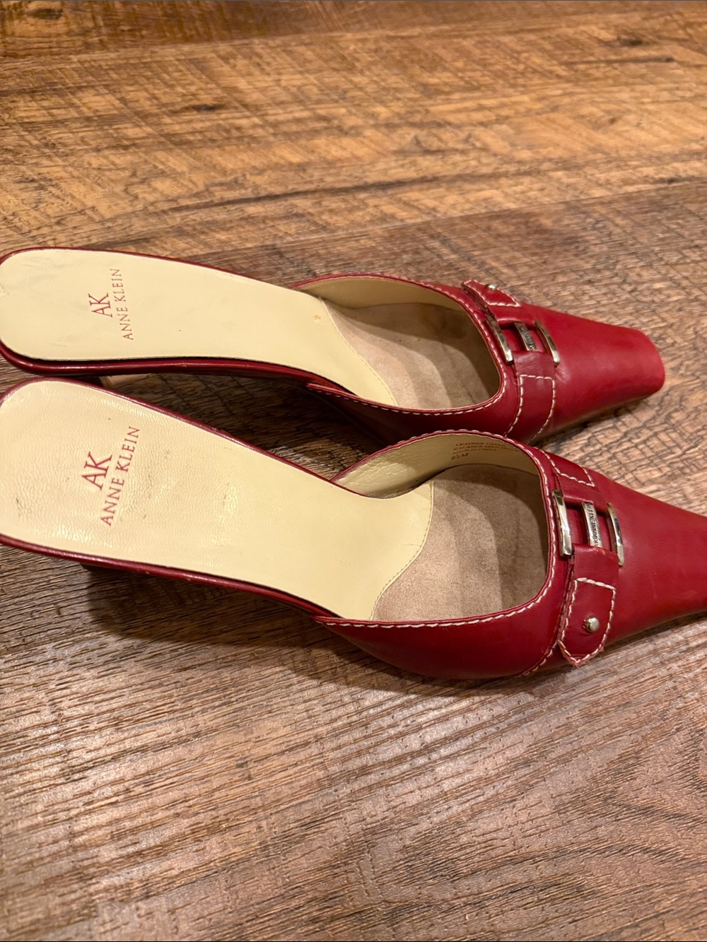 Anne Klein Red Leather Buckle-Front Slip-On Mules - Picture 2 of 5
